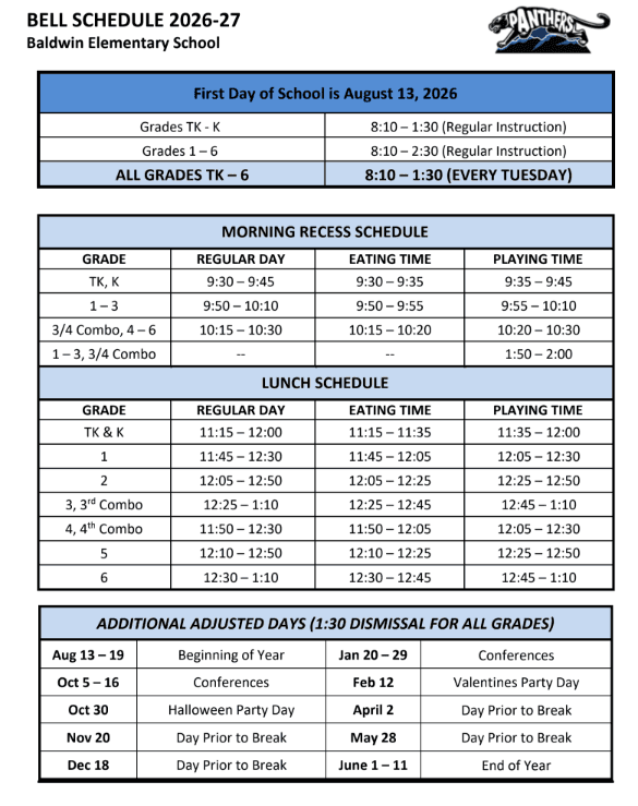 Baldwin Bell Schedule 2026-2027