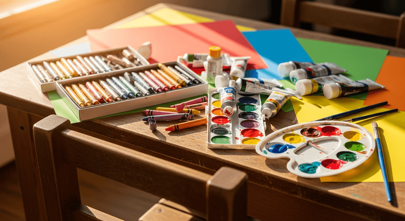 Kids art supplies on table