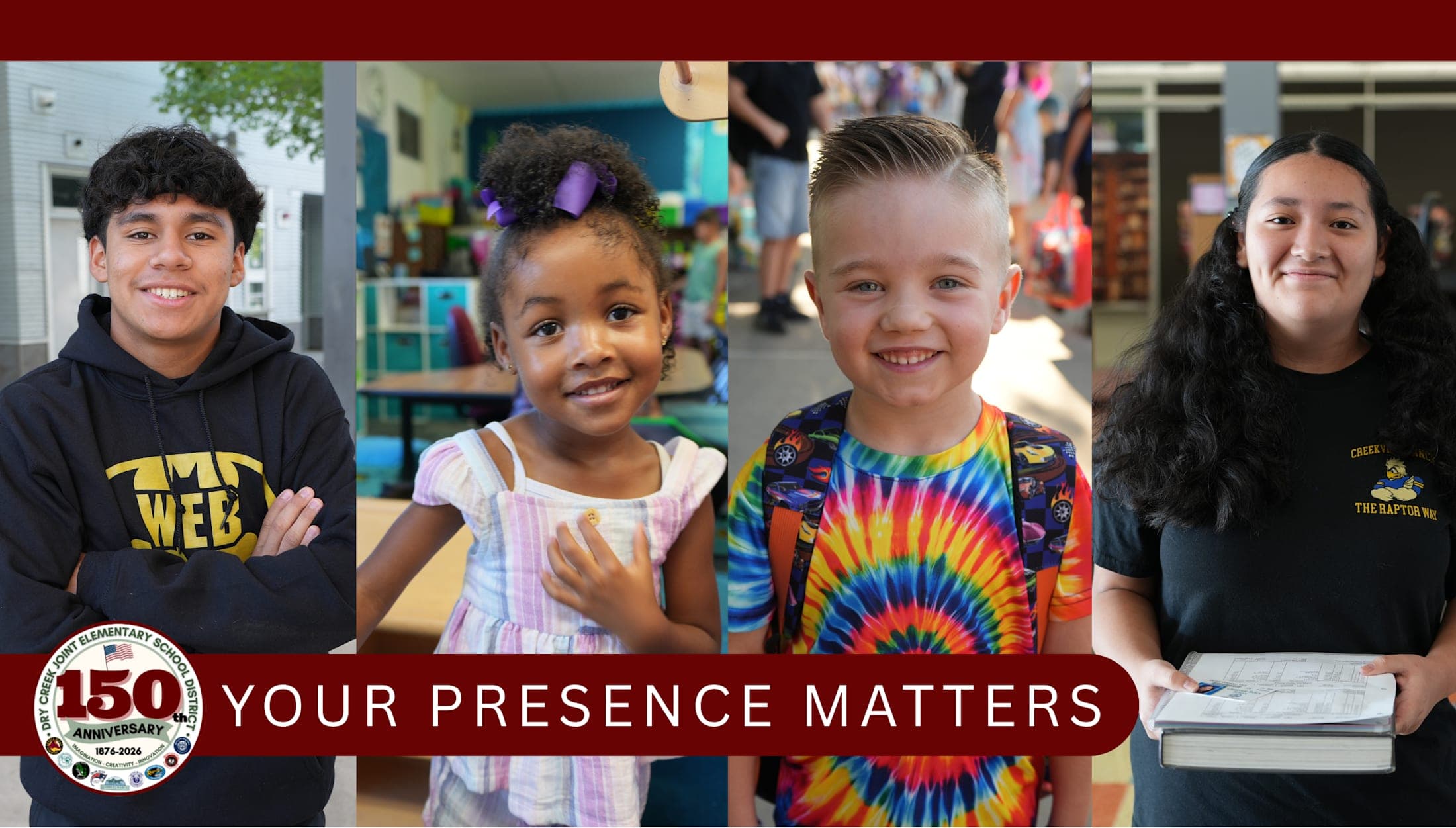 your presence matters four students at school smiling