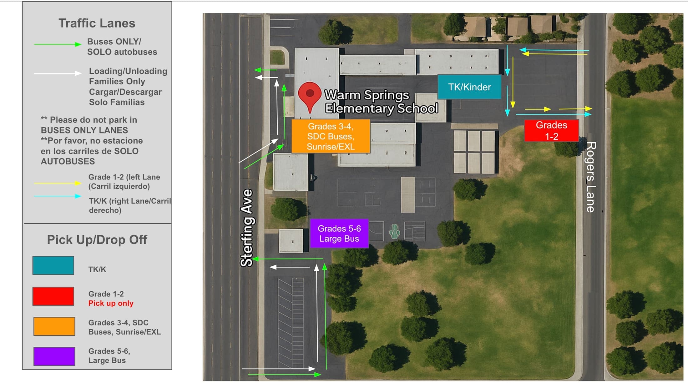 The image depicts a map of a school campus, showing various buildings, traffic lanes, and parking areas. The foreground includes a legend indicating different types of traffic lanes and pickup/drop-off zones, while the background features the layout of the campus with labeled buildings and surrounding greenery.