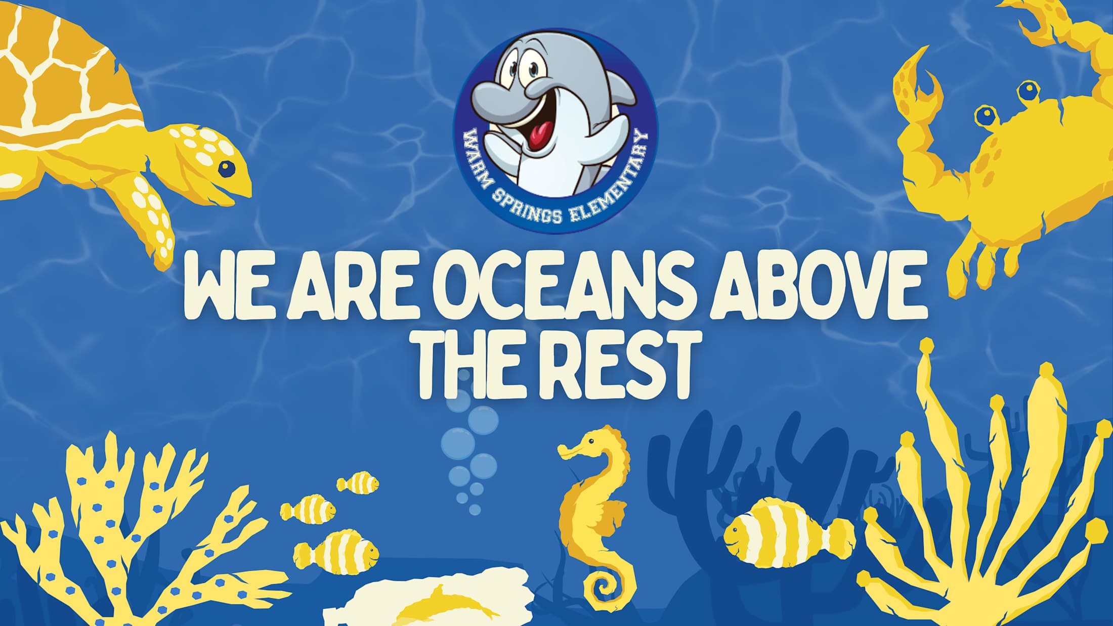The image depicts a vibrant underwater scene with various marine creatures, including a smiling shark, yellow fish, and seahorses, against a blue background. The text %22WE ARE OCEANS ABOVE THE REST%22 is prominently displayed.