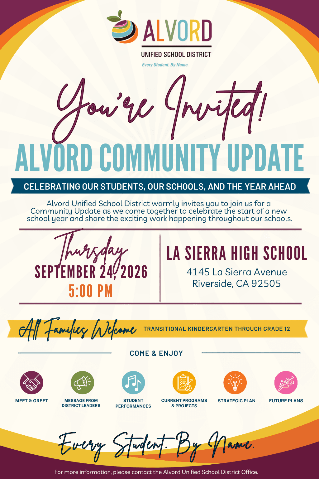 A promotional flyer for the Alvord Unified School District Community Update event on Thursday, September 14, 2023, at La Sierra High School.