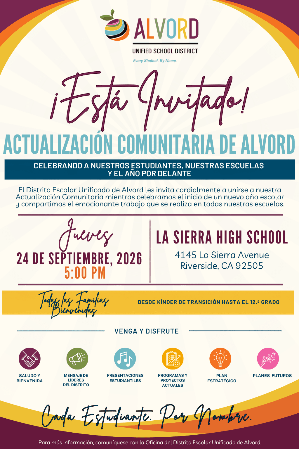A flyer in Spanish for an Alvord Unified School District community update on September 24, 2020 at La Sierra High School.