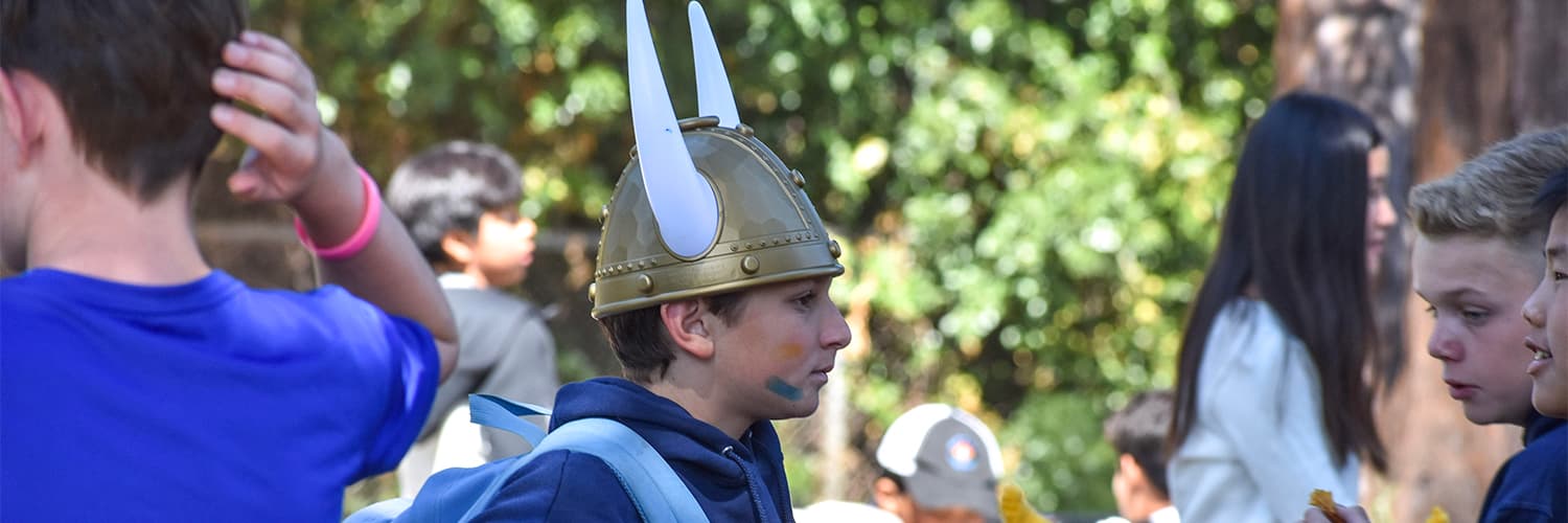 A person wearing a Viking helmet stands outdoors.