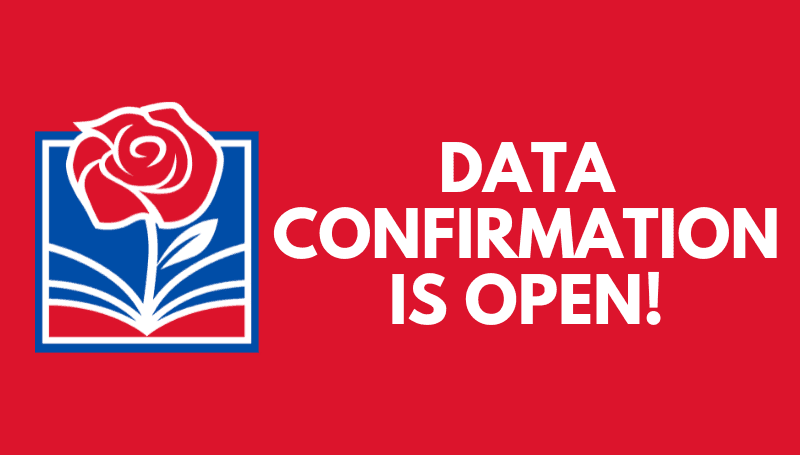 red backround with the RJUHSD rose logo and white text that says "data confirmation is open"