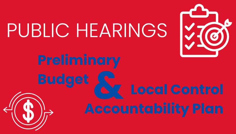 money and planning graphic on red background with text saying "public hearings - preliminary budget and local control accountability plan