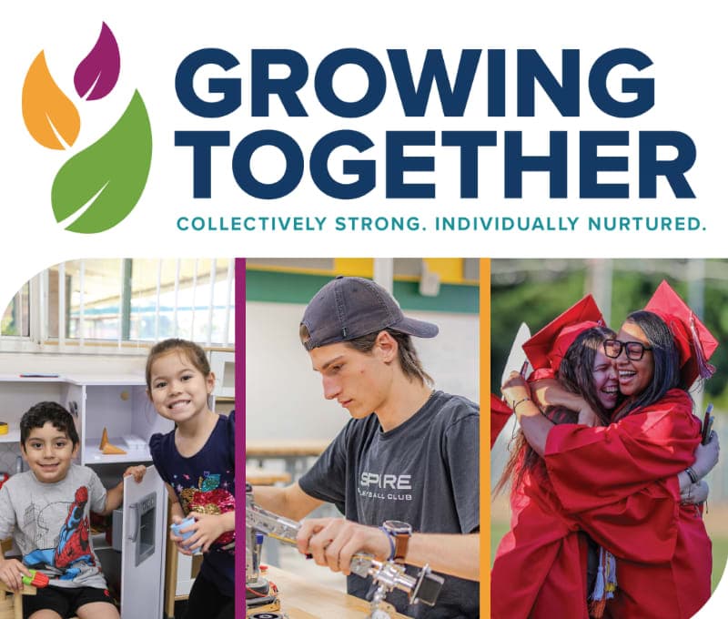 Growing Together. Collectively Strong. Individually Nurtured. with three images of students in collage