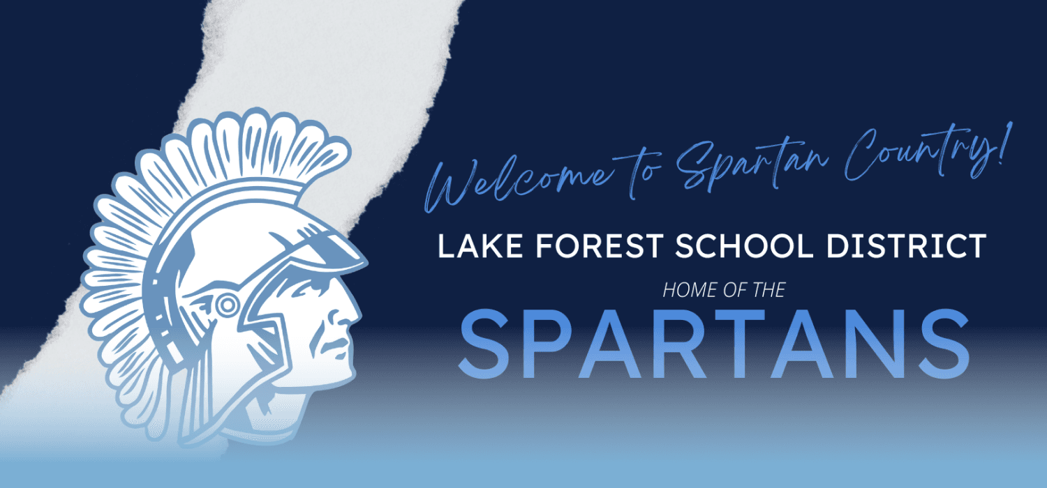A blue and white graphic with a Spartan helmet and text.