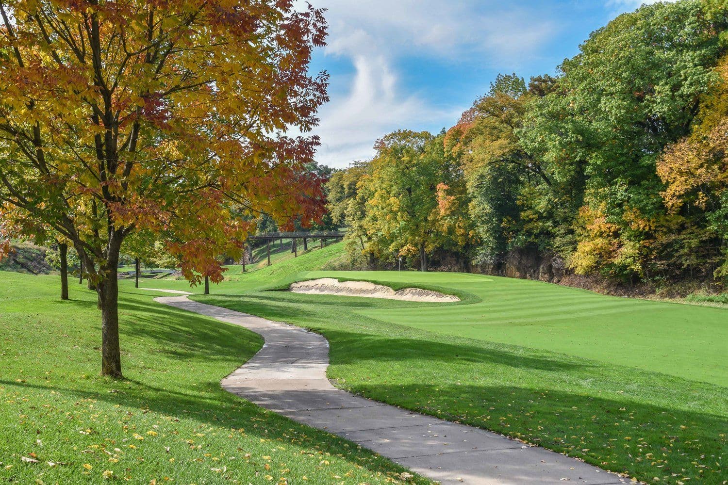 A photo of a golf course landscape with surrounding trees, a sand pit, and a golf cart path