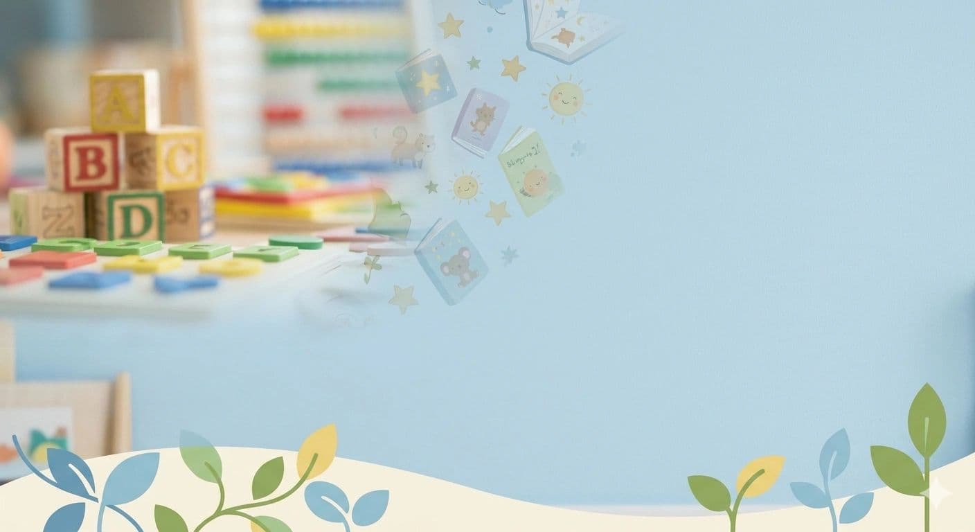 Colorful children's blocks and toys with a soft blue background and playful illustrations.