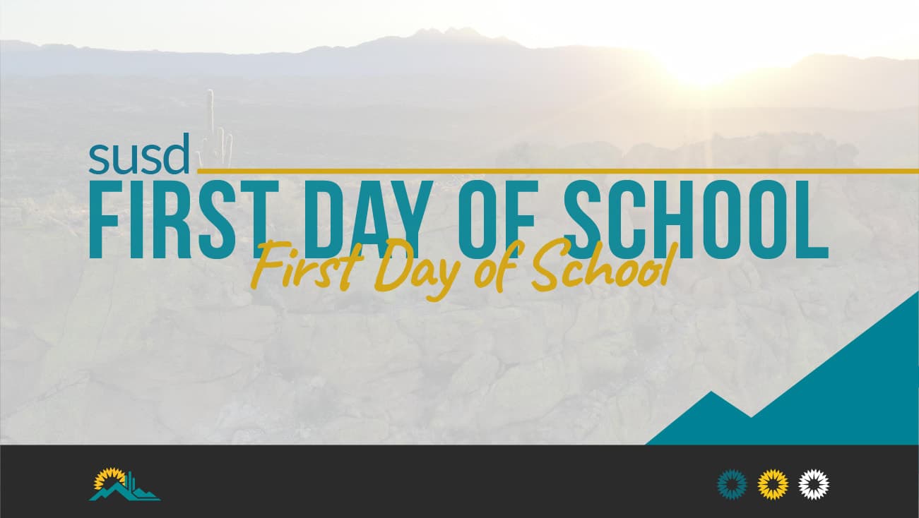 The image shows the text "FIRST DAY OF SCHOOL" against a backdrop of mountains and a bright, hazy sky.
