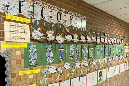 Welcome decorations on a wall in our school.