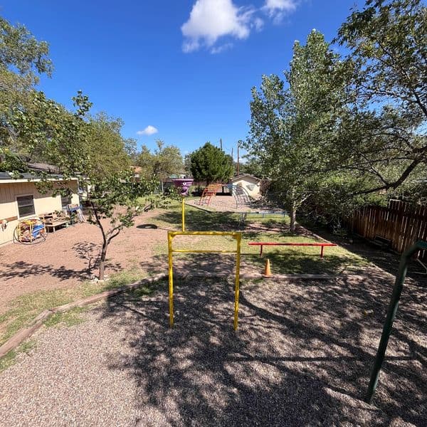 Outdoor playground with trees, climbing bars, and slides under a clear blue sky.
