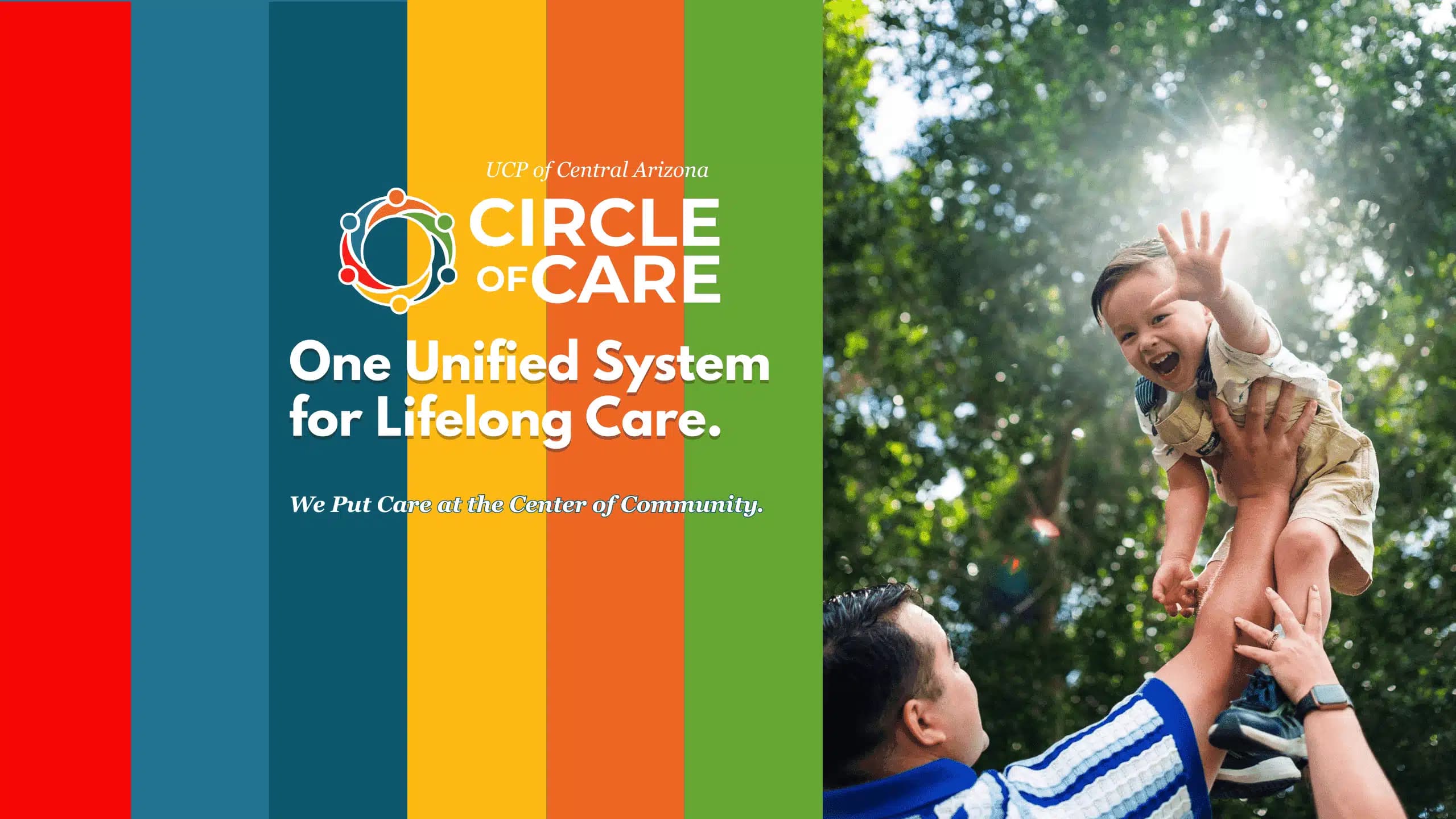 A man lifts a smiling child into the air outdoors; text on colorful bars reads "Circle of Care: One Unified System for Lifelong Care.