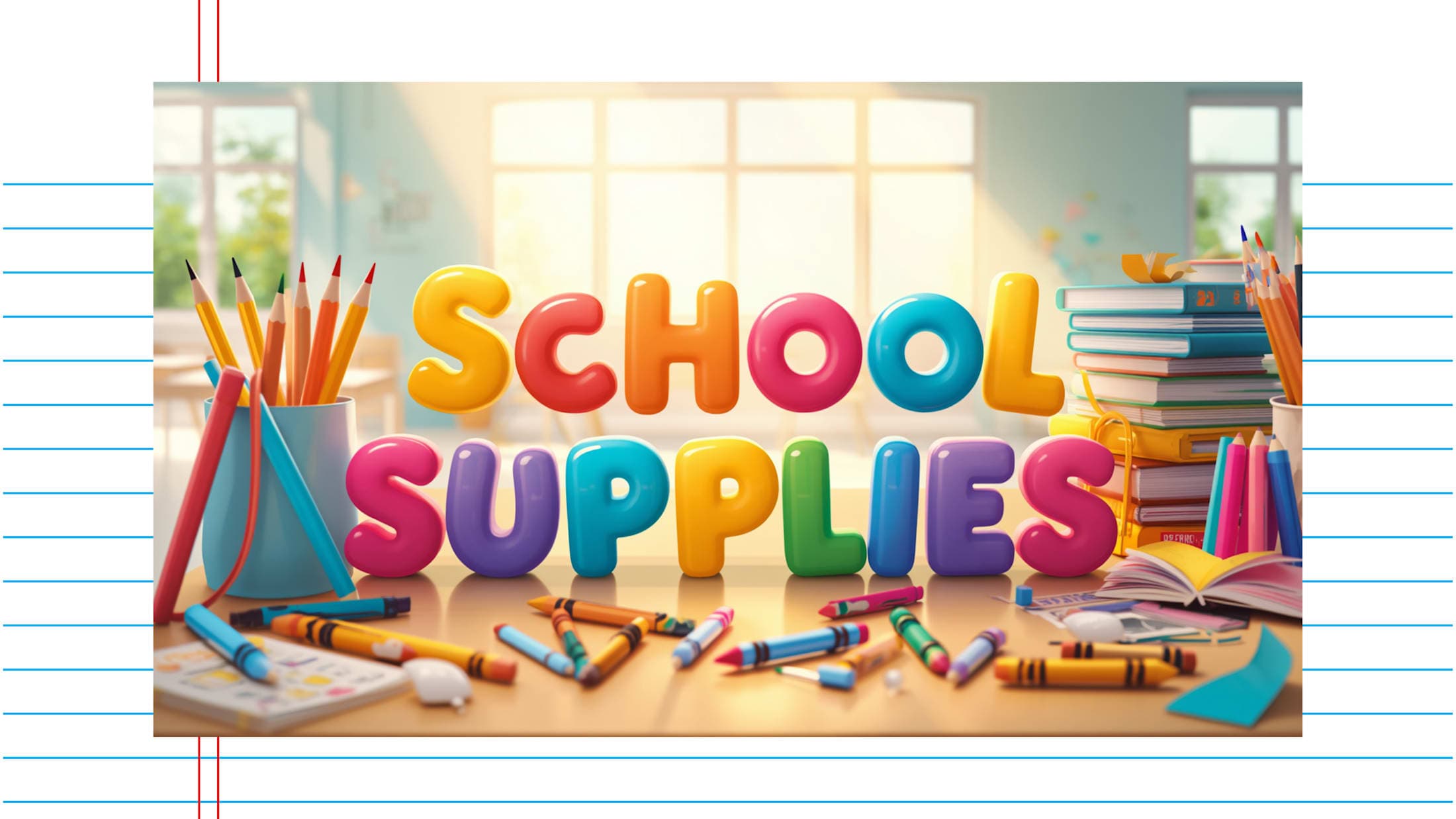 Colorful %22SCHOOL SUPPLIES%22 lettering sits on a desk in the foreground, with a bright, sunlit classroom filled with books and pencils in the background.