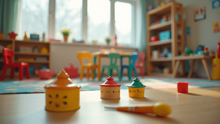 Eye-level view of a colorful preschool classroom filled with educational toys
