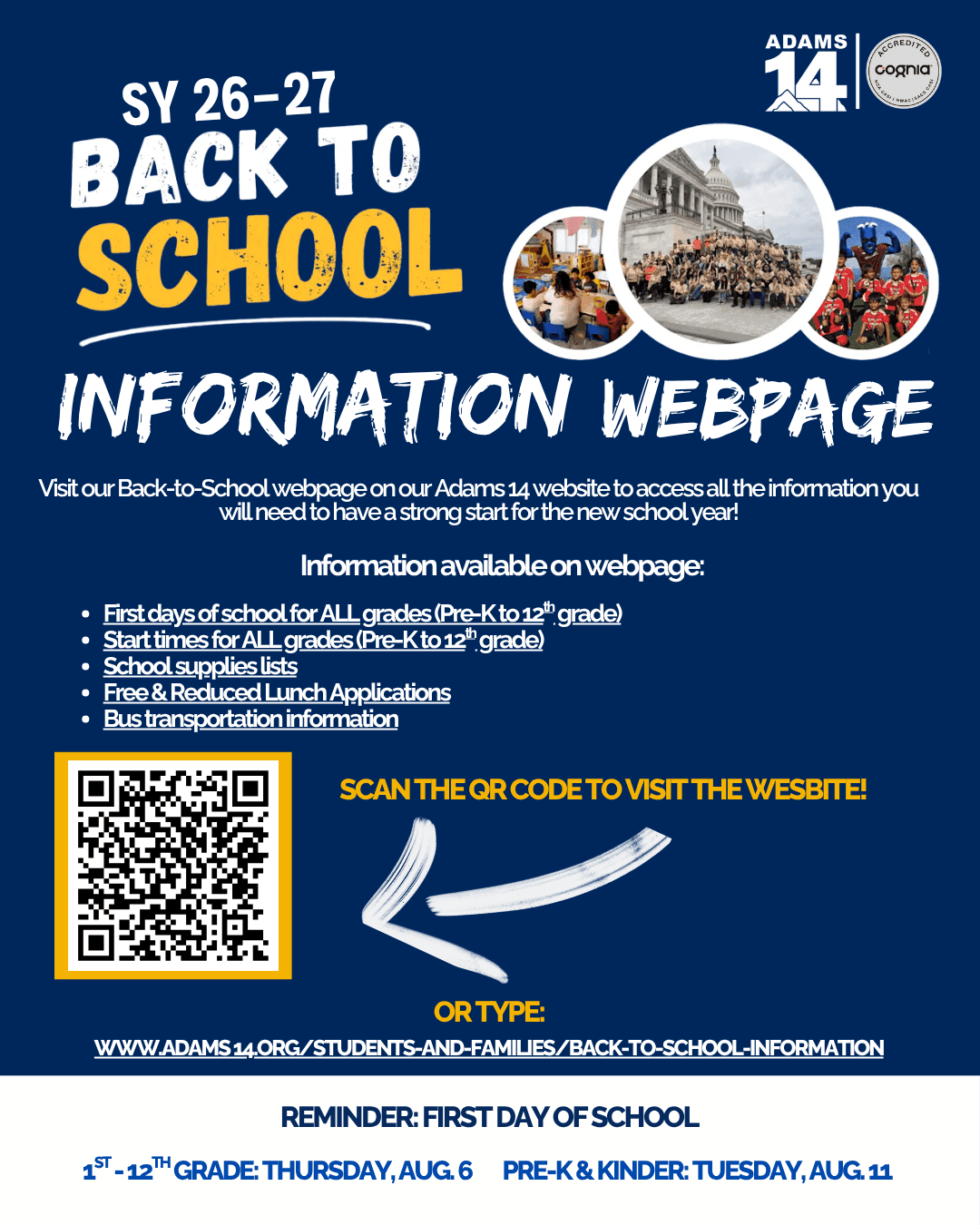 Back-to-school flyer with QR code linking families to the 2026–2027 information webpage.