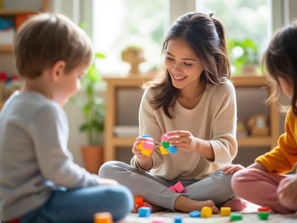 Woman playing with colorful building blocks with two children in a bright, cozy room.