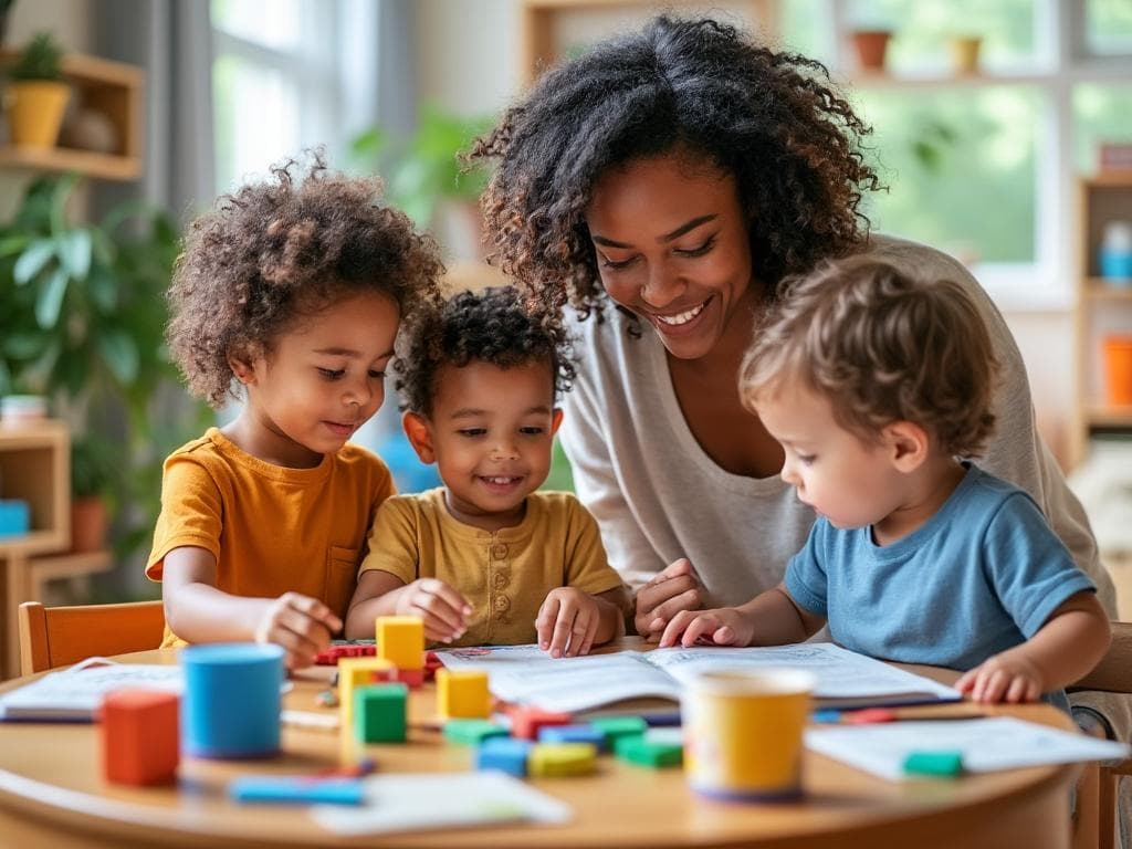 Smiling woman guiding three young children in a creative play session with colorful blocks and paper in a bright, cozy room.