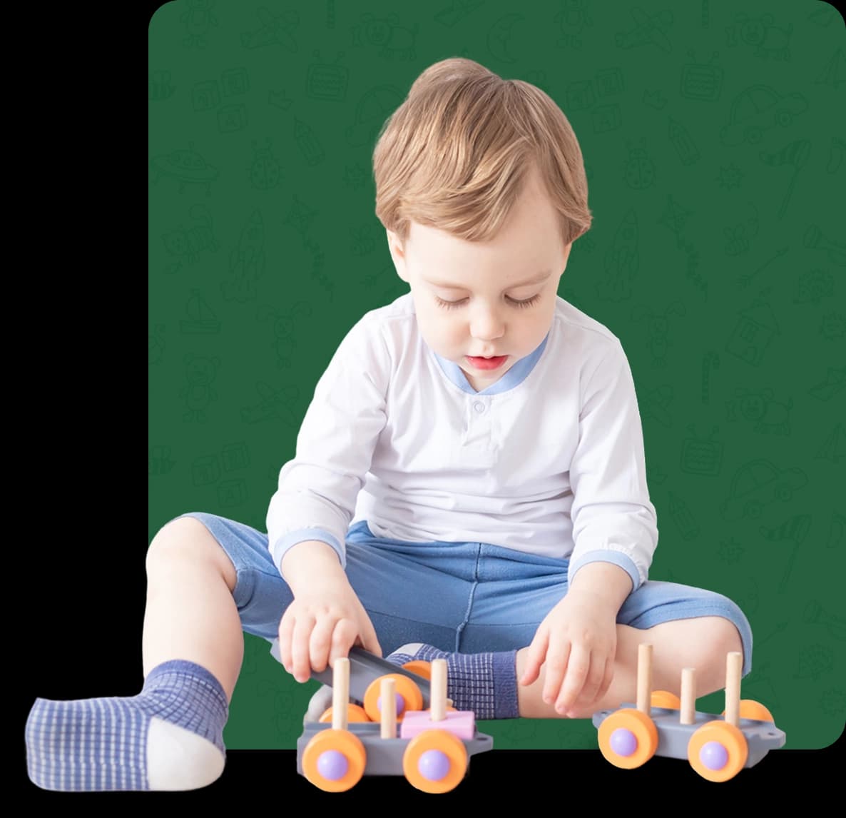 Child playing with toy cars indoors.